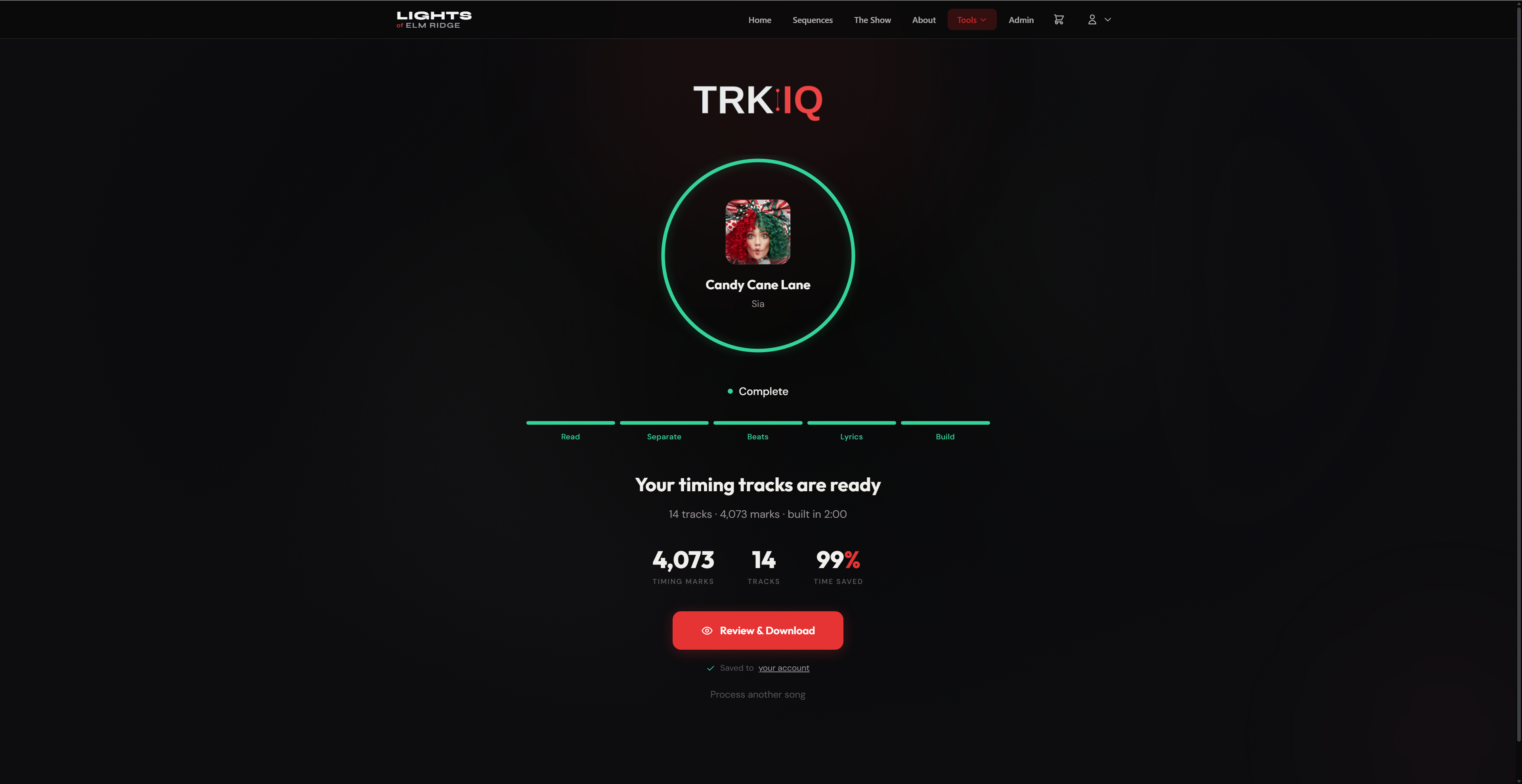 Export screen with stats banner, badges, track list, and download button