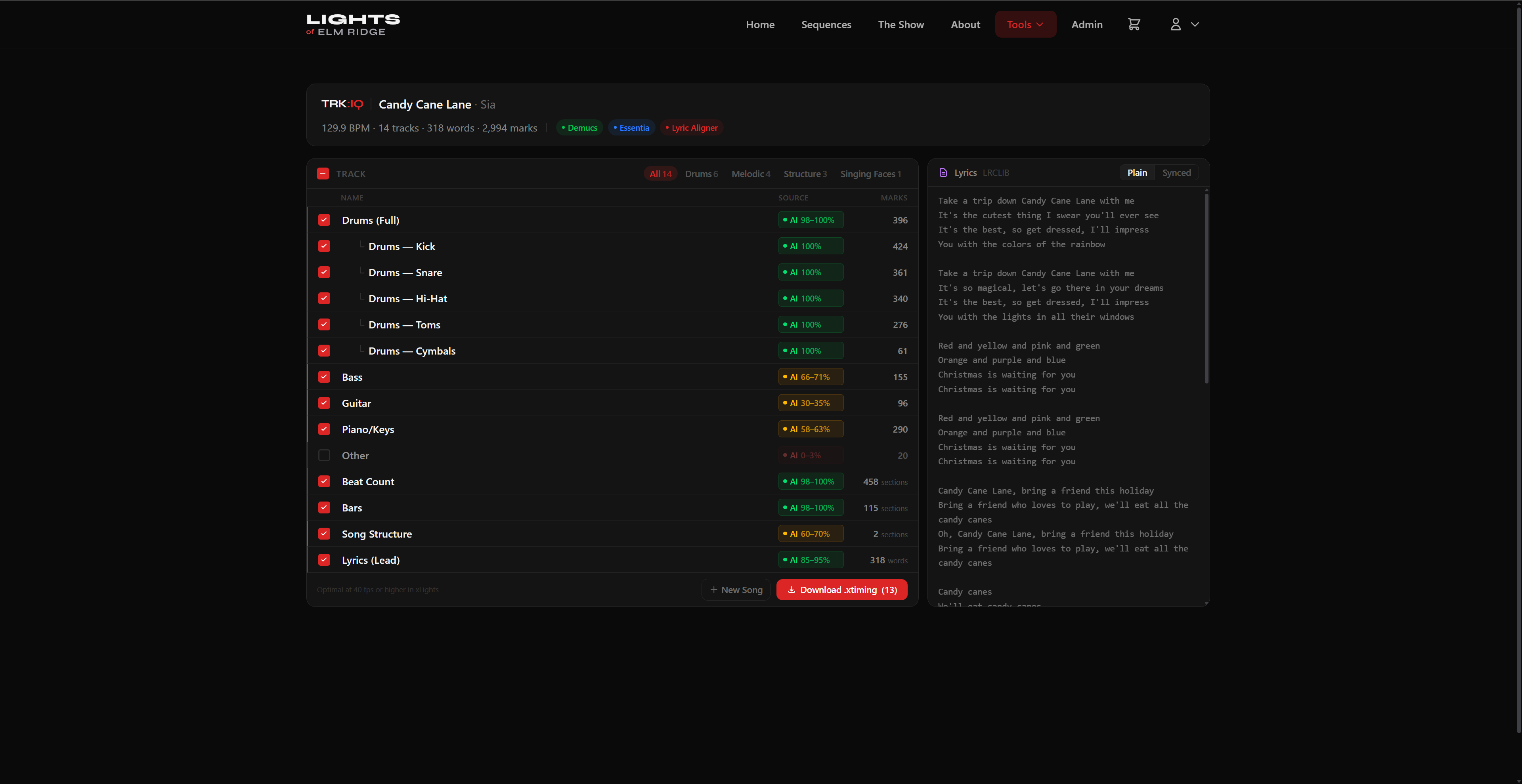 Track list close-up with source badges, confidence ranges, and hit counts