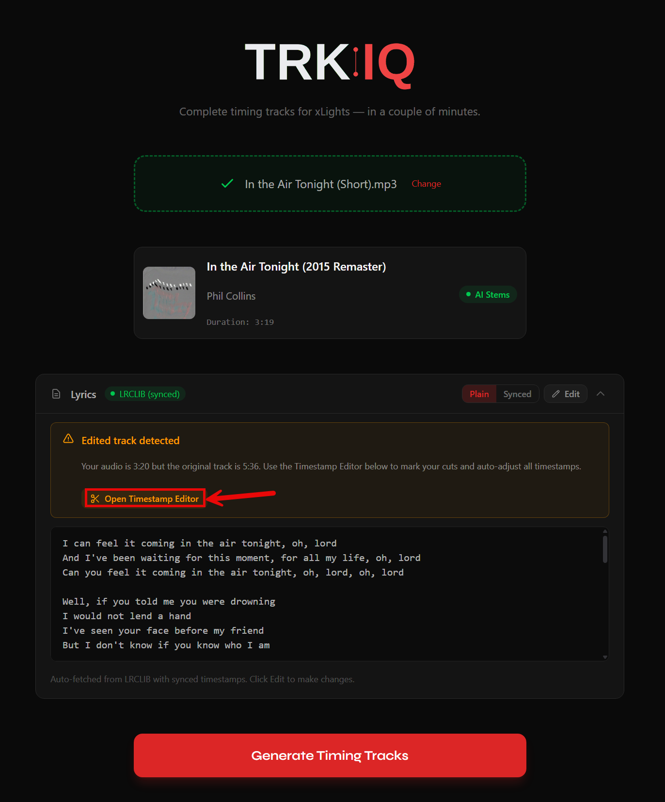 TRK:IQ trim warning banner with an arrow pointing to the Open Timestamp Editor button