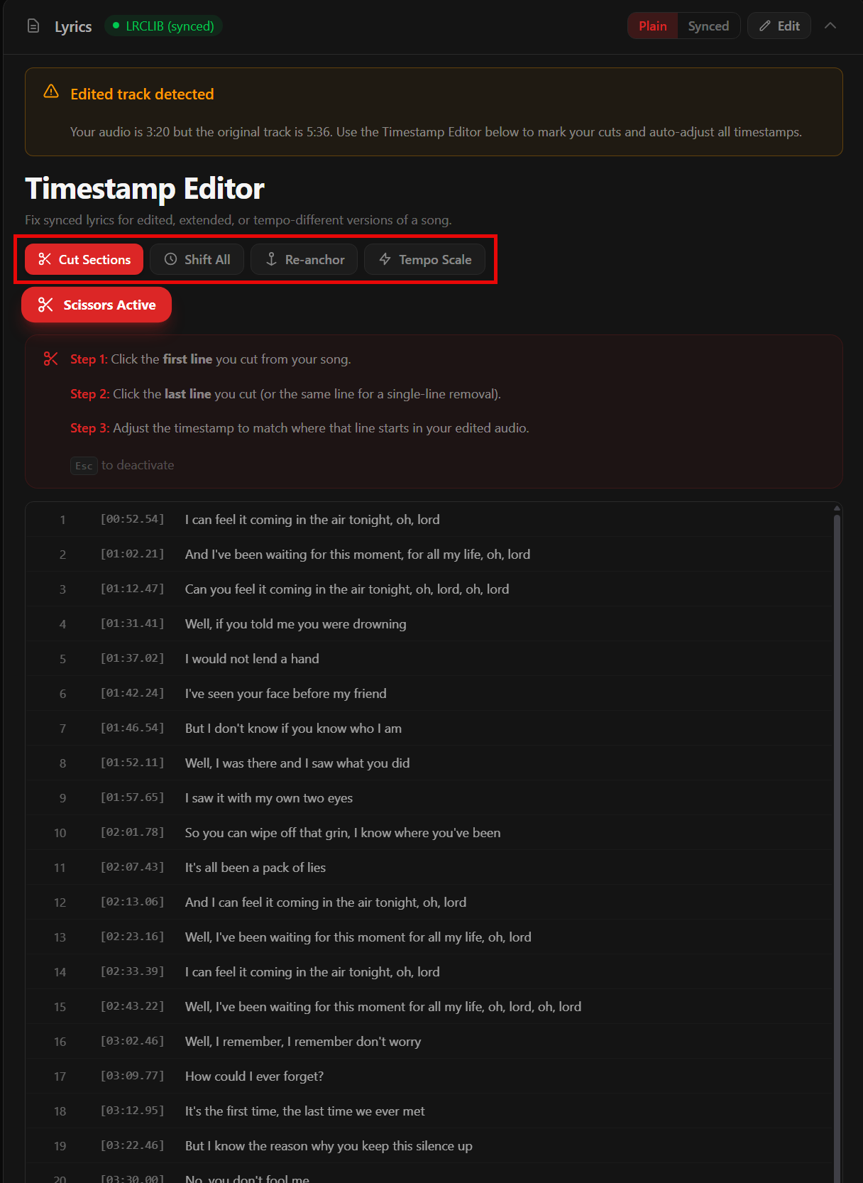 Timestamp Editor with four tool tabs — Cut Sections, Shift All, Re-anchor, Tempo Scale — and the full lyric list