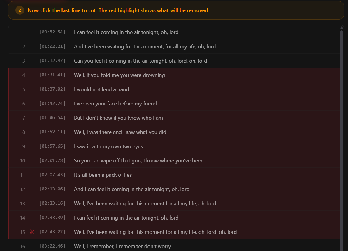 Cut mode with a range of lyric lines highlighted in red and a scissors icon on the last selected line