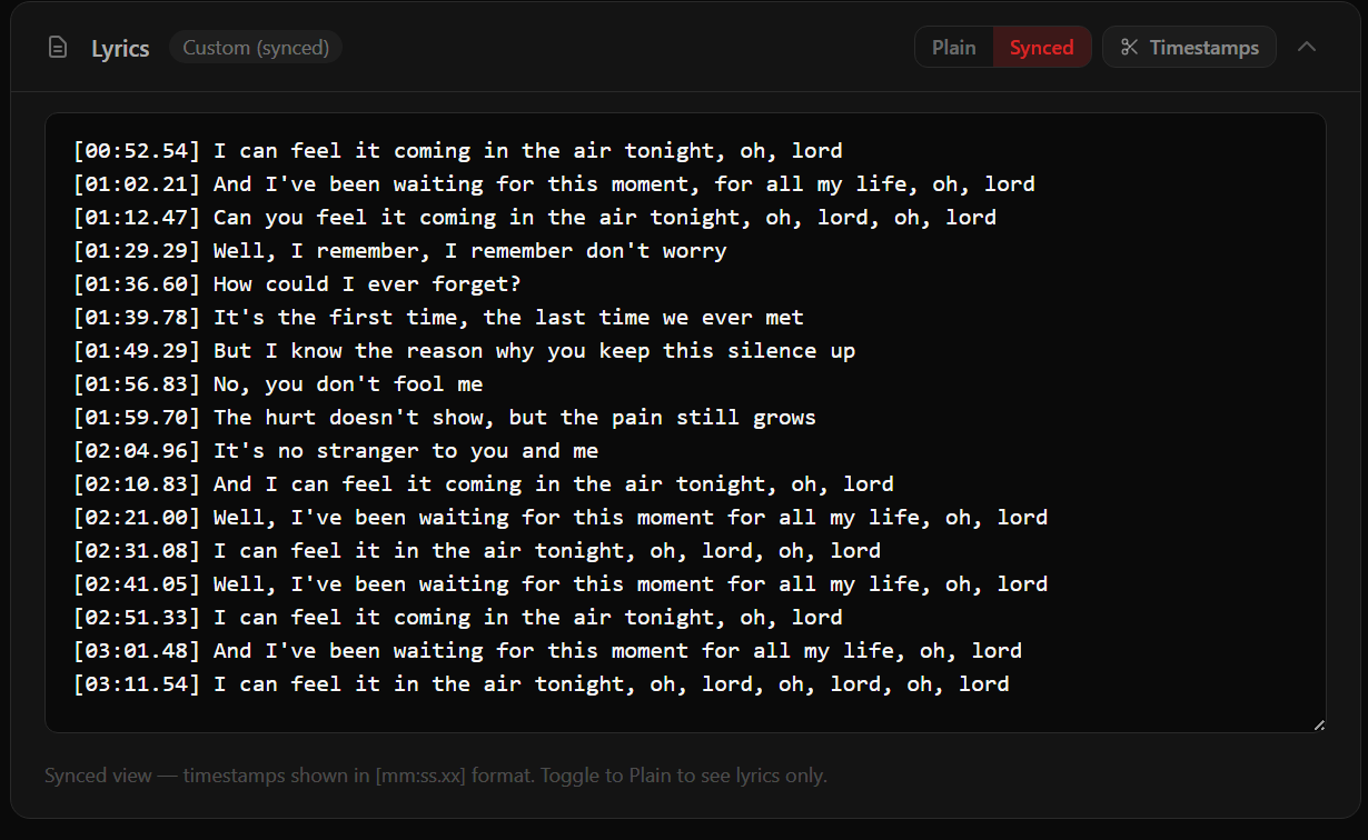 Lyrics panel showing corrected synced timestamps labeled Custom (synced), with no trim warning
